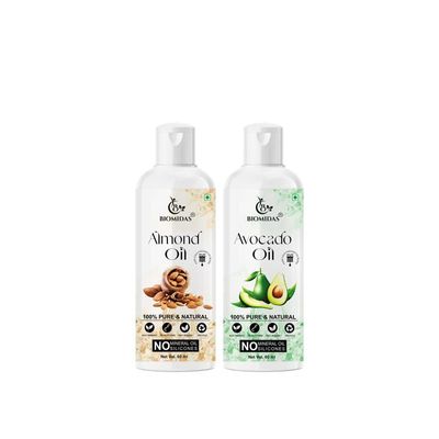 Biomidas 100% Pure Almond Oil 60ML & Avocado Oil 60ML Combo For Rapid Hair Growth, Anti Hair Fall, Split Ends & Promotes Softer & Shinier Hair (Pack Of 2)
