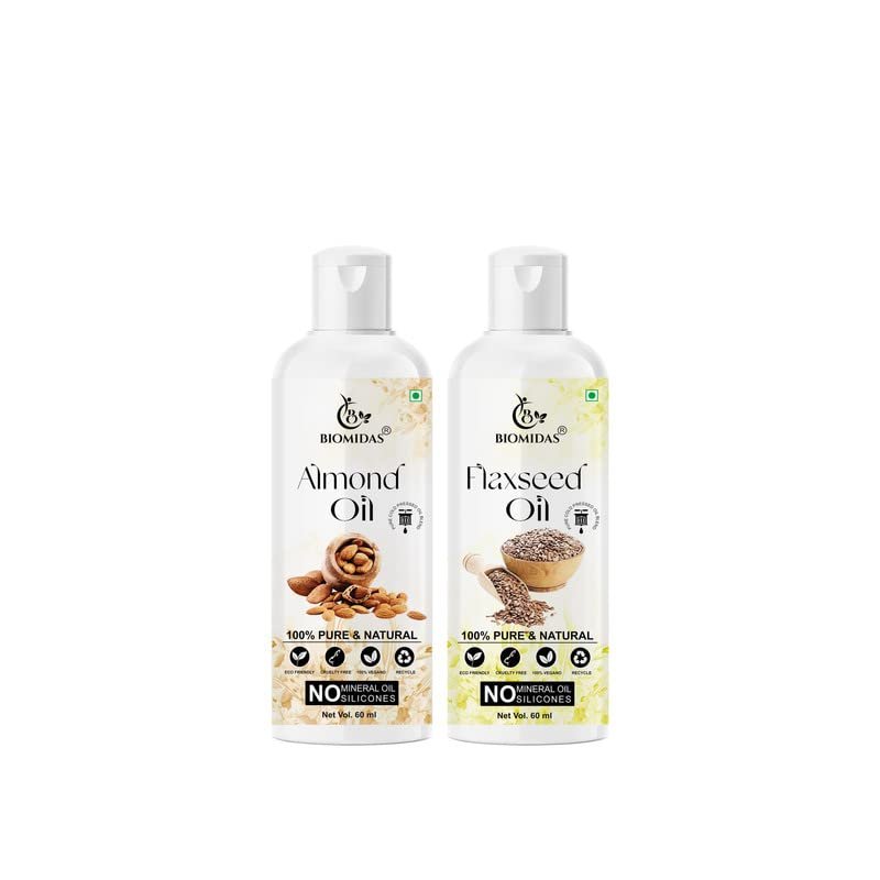 Biomidas 100% Pure Almond Oil 60ML & Flaxseed Oil 60ML Combo For Rapid Hair Growth, Anti Hair Fall, Split Ends & Promotes Softer & Shinier Hair (Pack Of 2)