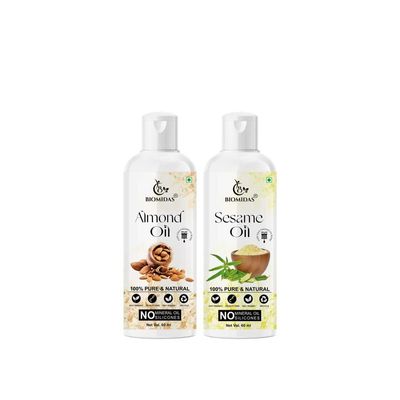 Biomidas 100% Pure Almond Oil 60ML & Sesame Oil 60ML Combo For Rapid Hair Growth, Anti Hair Fall, Split Ends & Promotes Softer & Shinier Hair (Pack Of 2)