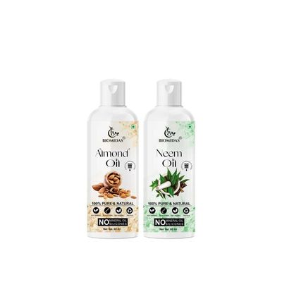 Biomidas 100% Pure Almond Oil 60ML & Neem Oil 60ML Combo For Rapid Hair Growth, Anti Hair Fall, Split Ends & Promotes Softer & Shinier Hair (Pack Of 2)