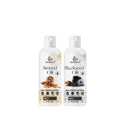 Biomidas 100% Pure Almond Oil 60ML & Blackseed Oil 60ML Combo For Rapid Hair Growth, Anti Hair Fall, Split Ends & Promotes Softer & Shinier Hair (Pack Of 2)