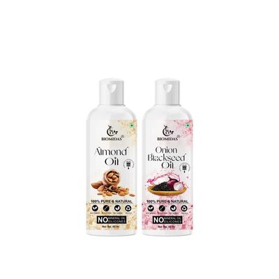 Biomidas 100% Pure Almond Oil 60ML & Onion Blackseed Oil 60ML Combo For Rapid Hair Growth, Anti Hair Fall, Split Ends & Promotes Softer & Shinier Hair (Pack Of 2)
