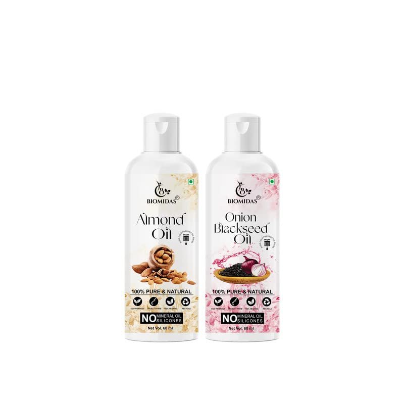Biomidas 100% Pure Almond Oil 60ML & Onion Blackseed Oil 60ML Combo For Rapid Hair Growth, Anti Hair Fall, Split Ends & Promotes Softer & Shinier Hair (Pack Of 2)