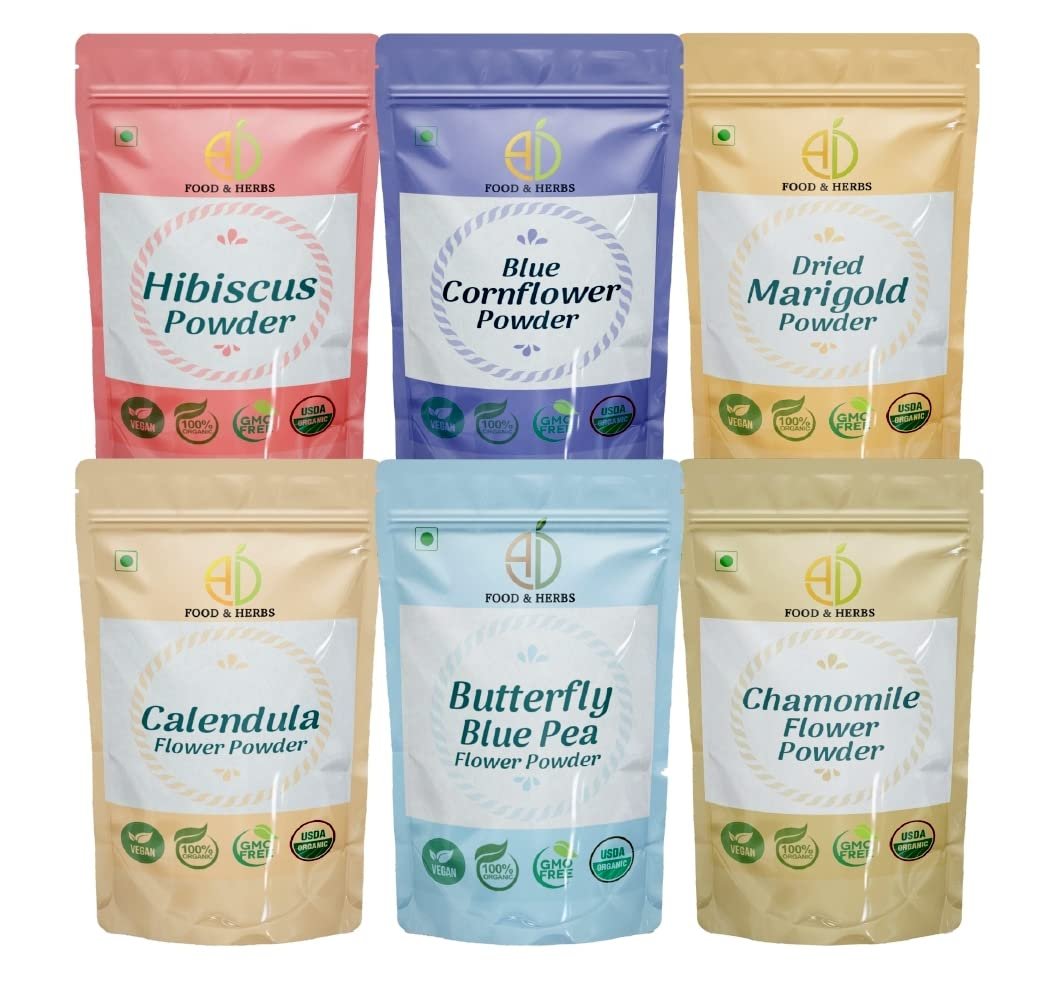 A D Food & Herbs Combo of Butterfly Pea/Marigold/Hibiscus/Blue Corn/Chamomile/Calendula Flower Powder Aromatic Edible for Homemade Lattes,TeaBlendsBathSaltsFace Body pack (500 GMS x Pack of 6)
