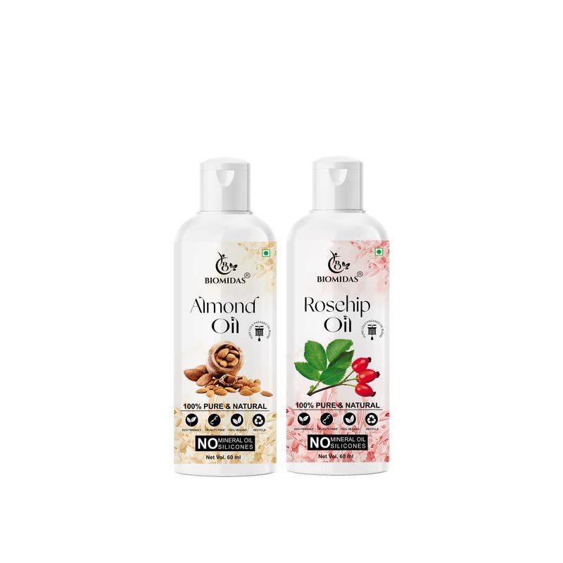 Biomidas 100% Pure Almond Oil 60ML & Rosehip Oil 60ML Combo For Rapid Hair Growth, Anti Hair Fall, Split Ends & Promotes Softer & Shinier Hair (Pack Of 2)