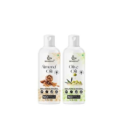Biomidas 100% Pure Almond Oil 60ML & Olive Oil 60ML Combo For Rapid Hair Growth, Anti Hair Fall, Split Ends & Promotes Softer & Shinier Hair (Pack Of 2)