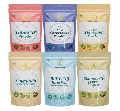 A D Food & Herbs Combo of Butterfly Pea/Marigold/Hibiscus/Blue Corn/Chamomile/Calendula Flower Powder Aromatic Edible for Homemade Lattes,TeaBlendsBathSaltsFace Body pack (250 GMS x Pack of 6)