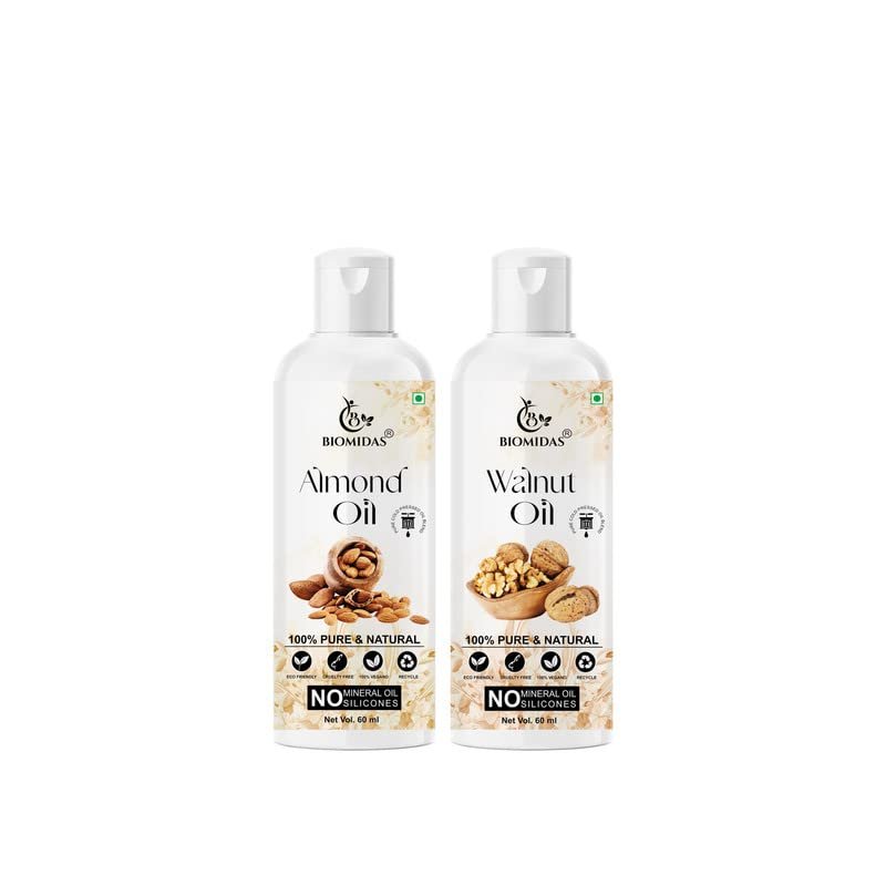 Biomidas 100% Pure Almond Oil 60ML & Walnut Oil 60ML Combo For Rapid Hair Growth, Anti Hair Fall, Split Ends & Promotes Softer & Shinier Hair (Pack Of 2)