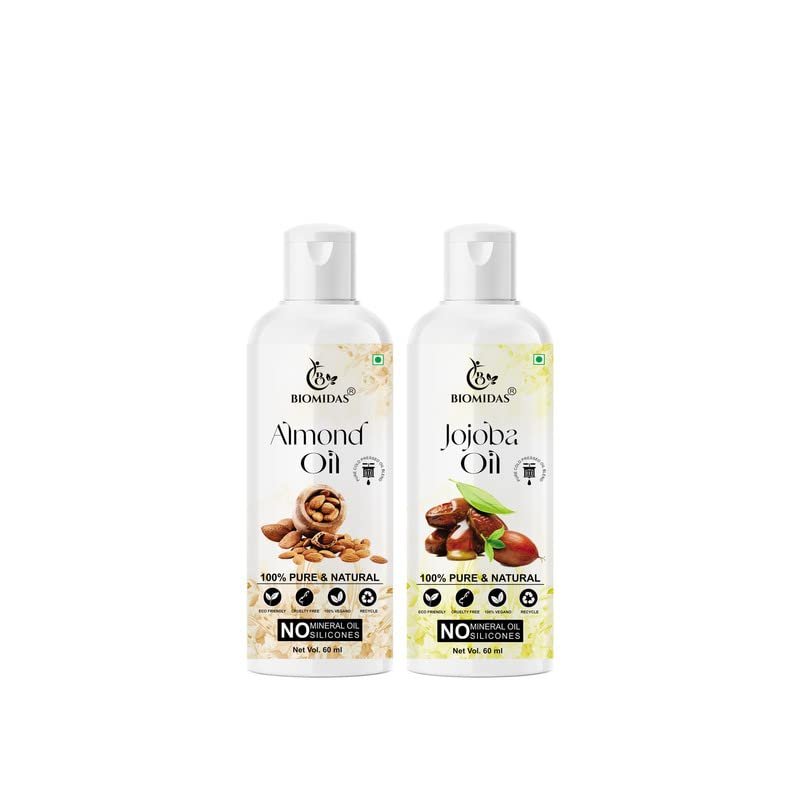 Biomidas 100% Pure Almond Oil 60ML & Jojoba Oil 60ML Combo For Rapid Hair Growth, Anti Hair Fall, Split Ends & Promotes Softer & Shinier Hair (Pack Of 2)