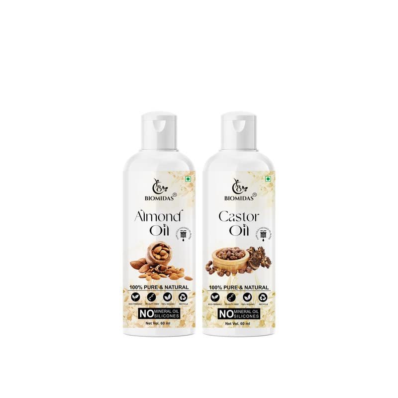 Biomidas 100% Pure Almond Oil 60ML & Castor Oil 60ML Combo For Rapid Hair Growth, Anti Hair Fall, Split Ends & Promotes Softer & Shinier Hair (Pack Of 2)