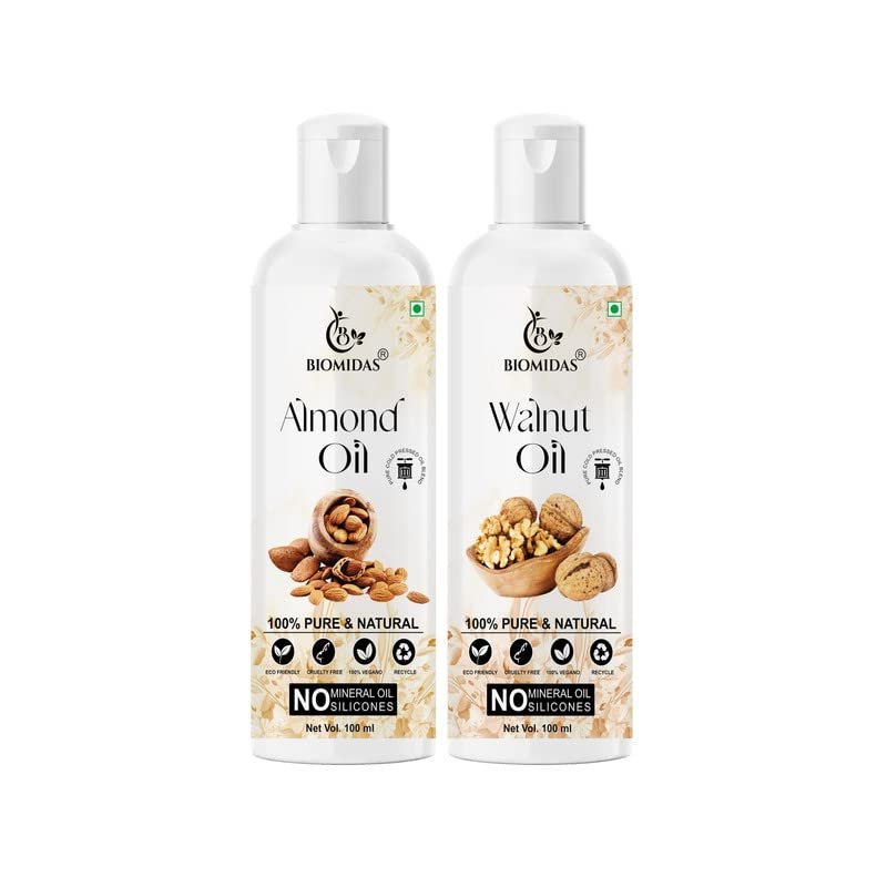 Biomidas 100% Pure Almond Oil 100ML & Walnut Oil 100ML Combo For Rapid Hair Growth, Anti Hair Fall, Split Ends & Promotes Softer & Shinier Hair (Pack Of 2)