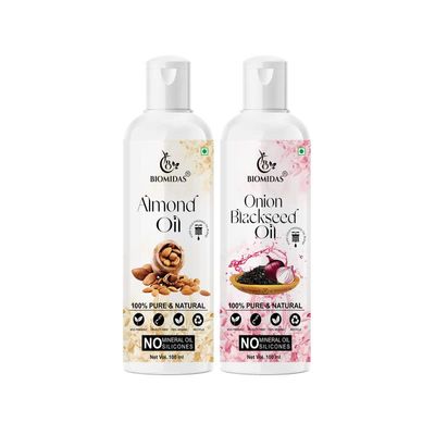 Biomidas 100% Pure Almond Oil 100ML & Onion Blackseed Oil 100ML Combo For Rapid Hair Growth, Anti Hair Fall, Split Ends & Promotes Softer & Shinier Hair (Pack Of 2)