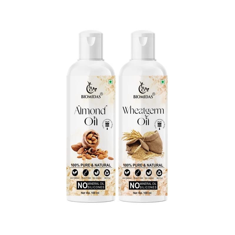 Biomidas 100% Pure Almond Oil 100ML & Wheat Germ Oil 100ML Combo For Rapid Hair Growth, Anti Hair Fall, Split Ends & Promotes Softer & Shinier Hair (Pack Of 2)
