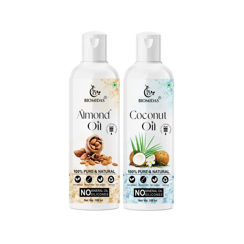 Biomidas 100% Pure Almond Oil 100ML & Coconut Oil 100ML Combo For Rapid Hair Growth, Anti Hair Fall, Split Ends & Promotes Softer & Shinier Hair (Pack Of 2)