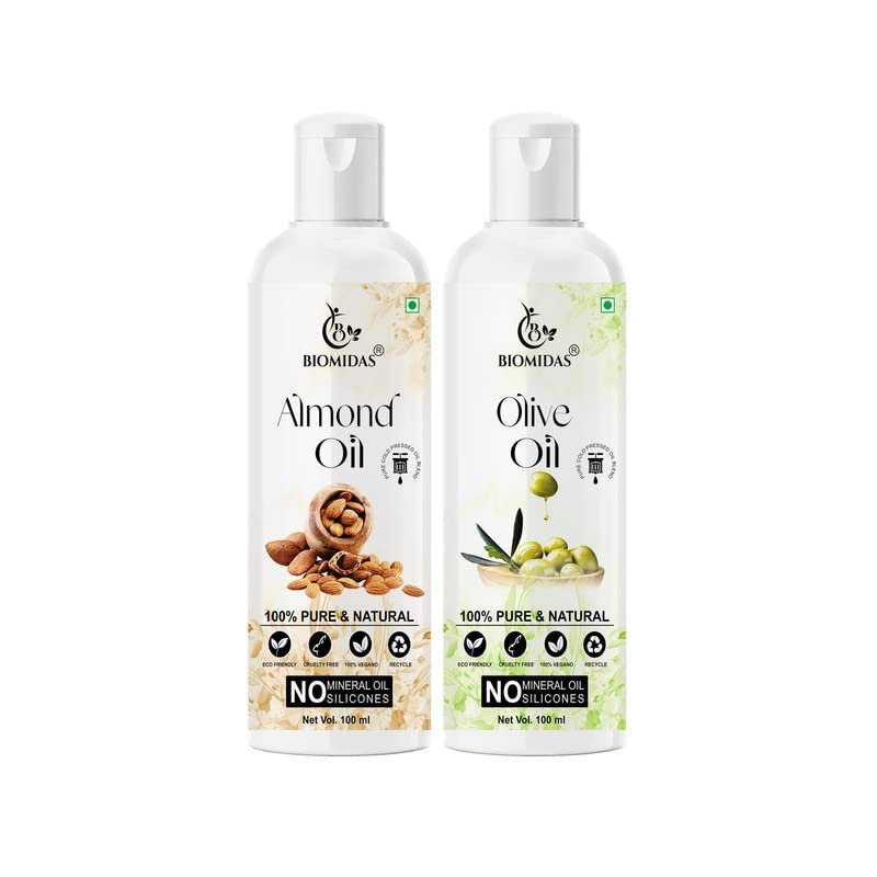 Biomidas 100% Pure Almond Oil 100ML & Olive Oil 100ML Combo For Rapid Hair Growth, Anti Hair Fall, Split Ends & Promotes Softer & Shinier Hair (Pack Of 2)