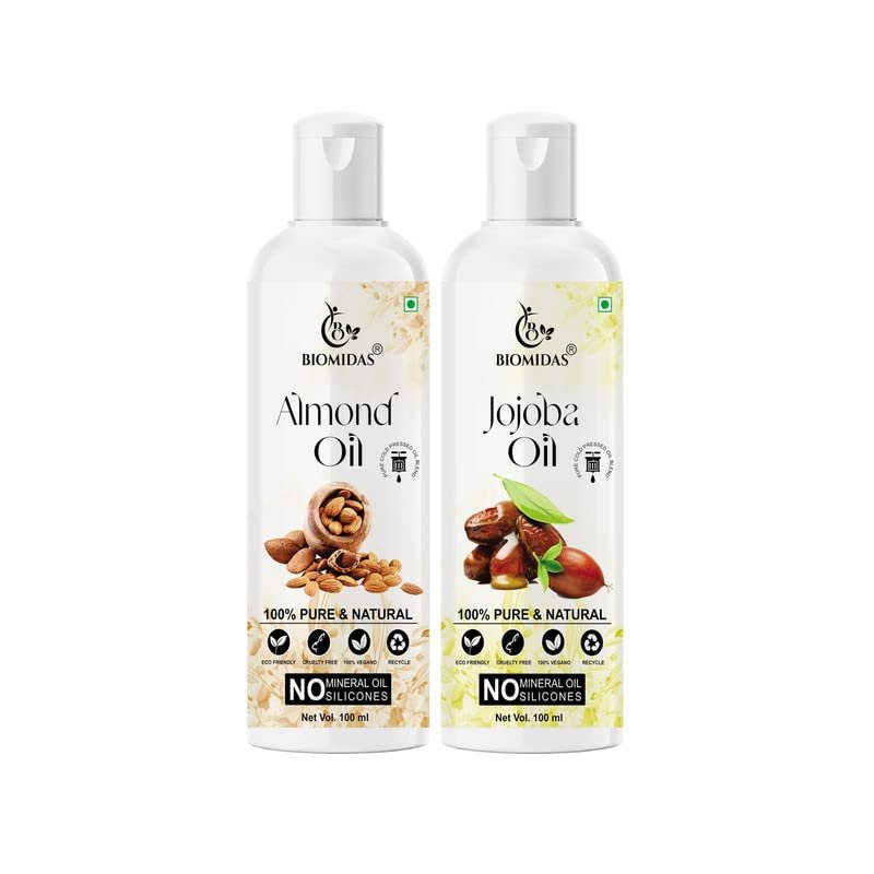 Biomidas 100% Pure Almond Oil 100ML & Jojoba Oil 100ML Combo For Rapid Hair Growth, Anti Hair Fall, Split Ends & Promotes Softer & Shinier Hair (Pack Of 2)
