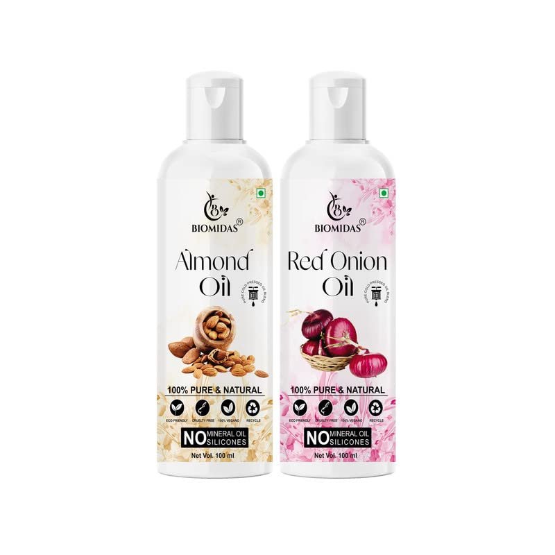 Biomidas 100% Pure Almond Oil 100ML & Red Onion Oil 100ML Combo For Rapid Hair Growth, Anti Hair Fall, Split Ends & Promotes Softer & Shinier Hair (Pack Of 2)