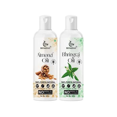 Biomidas 100% Pure Almond Oil 100ML & Bhringraj Oil 100ML Combo For Rapid Hair Growth, Anti Hair Fall, Split Ends & Promotes Softer & Shinier Hair (Pack Of 2)