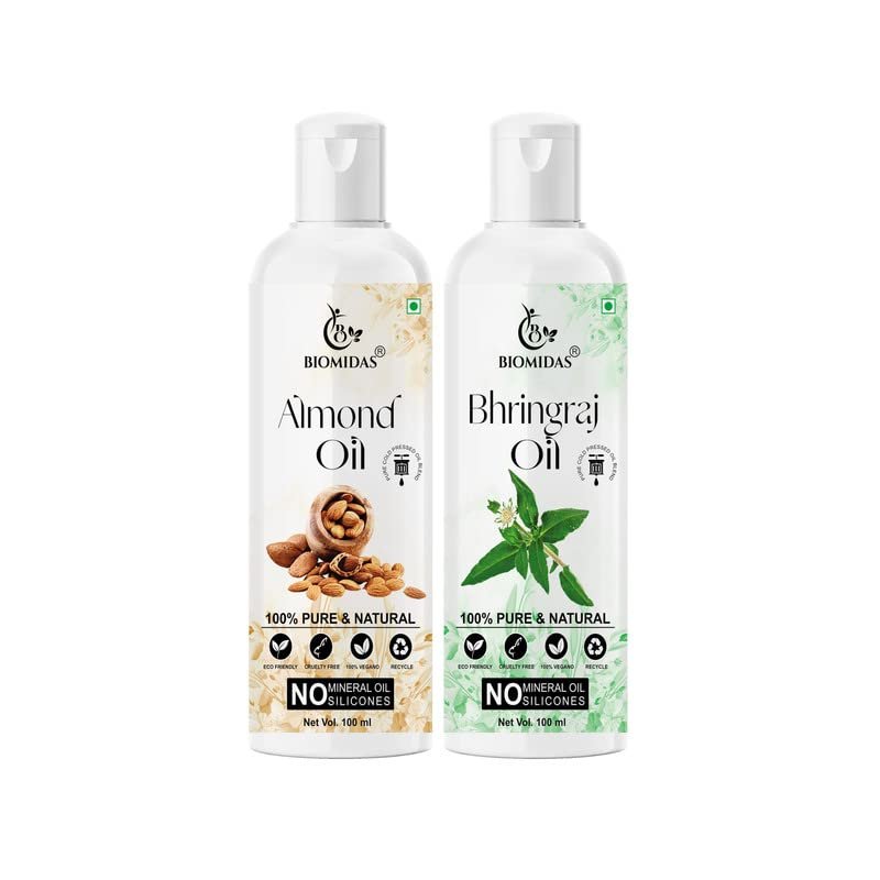 Biomidas 100% Pure Almond Oil 100ML & Bhringraj Oil 100ML Combo For Rapid Hair Growth, Anti Hair Fall, Split Ends & Promotes Softer & Shinier Hair (Pack Of 2)