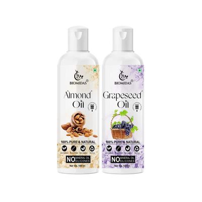 Biomidas 100% Pure Almond Oil 100ML & Grapeseed Oil 100ML Combo For Rapid Hair Growth, Anti Hair Fall, Split Ends & Promotes Softer & Shinier Hair (Pack Of 2)