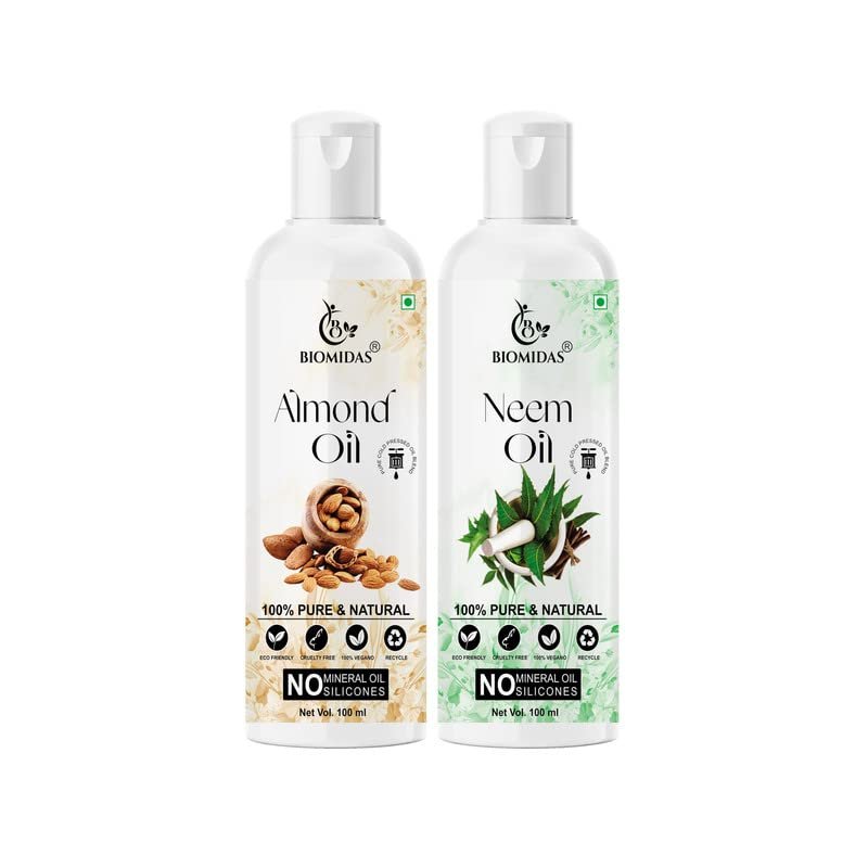 Biomidas 100% Pure Almond Oil 100ML & Neem Oil 100ML Combo For Rapid Hair Growth, Anti Hair Fall, Split Ends & Promotes Softer & Shinier Hair (Pack Of 2)