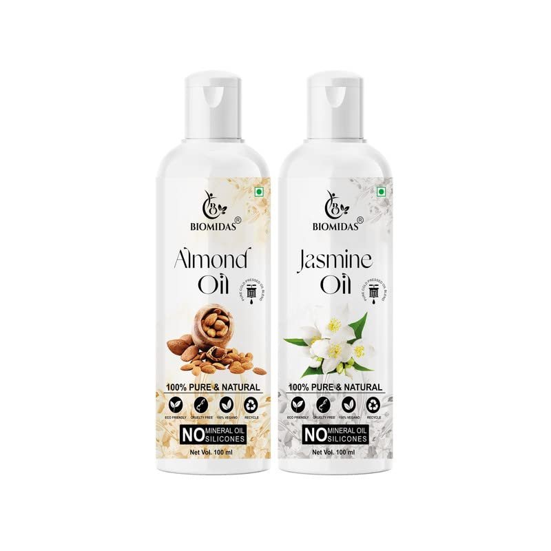 Biomidas 100% Pure Almond Oil 100ML & Jasmine Oil 100ML Combo For Rapid Hair Growth, Anti Hair Fall, Split Ends & Promotes Softer & Shinier Hair (Pack Of 2)