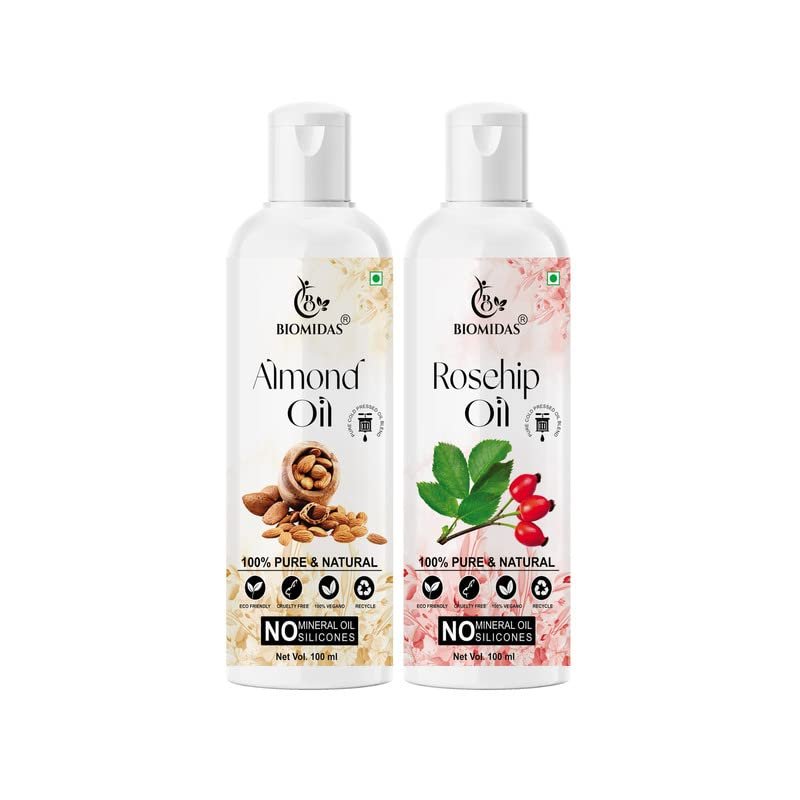 Biomidas 100% Pure Almond Oil 100ML & Rosehip Oil 100ML Combo For Rapid Hair Growth, Anti Hair Fall, Split Ends & Promotes Softer & Shinier Hair (Pack Of 2)