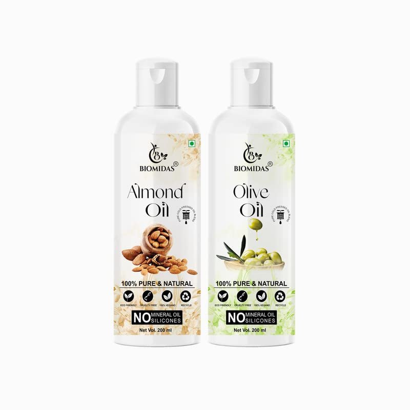 Biomidas100% Pure Almond Oil 200ML & Olive Oil 200ML Combo For Rapid Hair Growth, Anti Hair Fall, Split Ends & Promotes Softer & Shinier Hair (Pack Of 2)