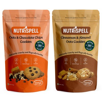 Nutrispell Cinnamon & Almonds Oats Cookies and Oats & Chocolate Chips Cookies, Combo Pack of 2, No Maida, No sugar, No preservatives (150g + 150g = 300g)
