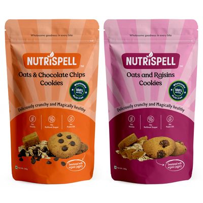 Nutrispell Oats & Chocolate Chips Cookies & Oats & Raisins Cookies (Combo Pack of 2),No maida, No white sugar, no preservatives, (150g +150g = 300g)