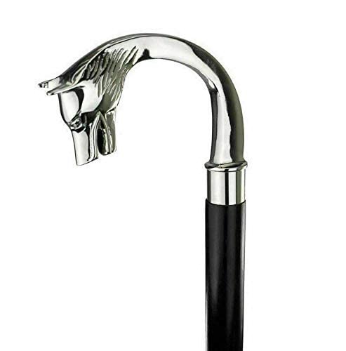 ALFAMART HT 37-Inch Black Wooden Walking Stick Featuring a Detailed Silver Wolf Handle for Equestrian and Nature Lovers