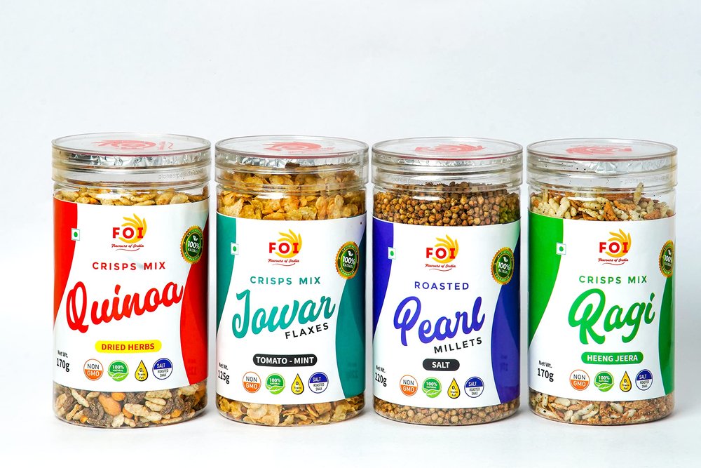FOI Flavours Of India Roasted & Healthy Snacks Combo-Quinoa Crisps Mix (170gm), Jowar Crisps Mix (125gm), Pearl Roasted Millets (220gm), Ragi Crisps Mix (170gm), Tasty Instant Indian Snack