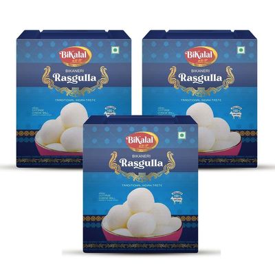 Bikalal Rasgulla | 3Kg (Pack Of 1Kg x 3) | Authentic Indian Sweet Rich Flavor, Creamy Texture Rasgulla by Bikalal | Made with Sugar, Milk Solid Flavor Rasgulla | Authentic Bikaneri Spongy Sweets