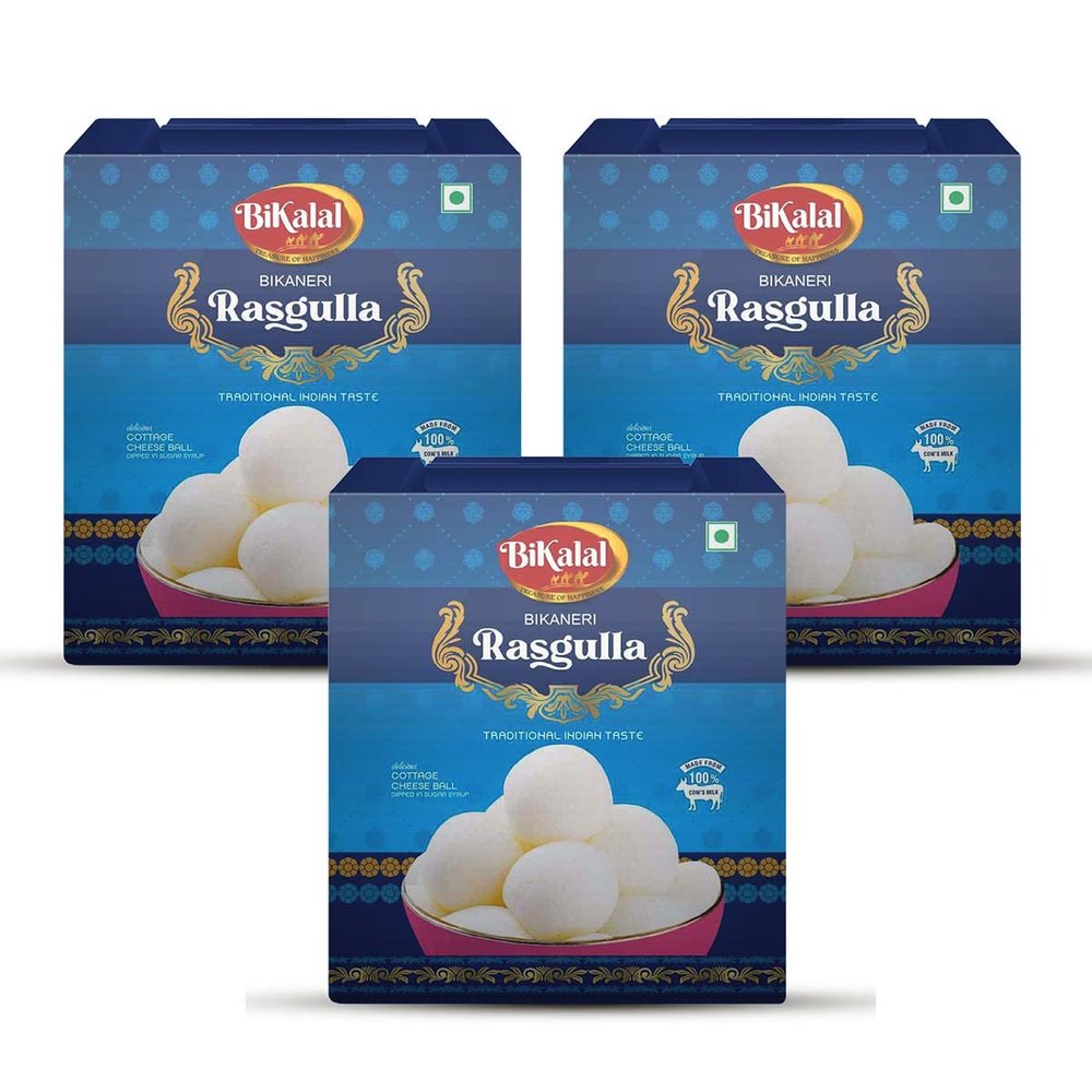 Bikalal Rasgulla | 3Kg (Pack Of 1Kg x 3) | Authentic Indian Sweet Rich Flavor, Creamy Texture Rasgulla by Bikalal | Made with Sugar, Milk Solid Flavor Rasgulla | Authentic Bikaneri Spongy Sweets