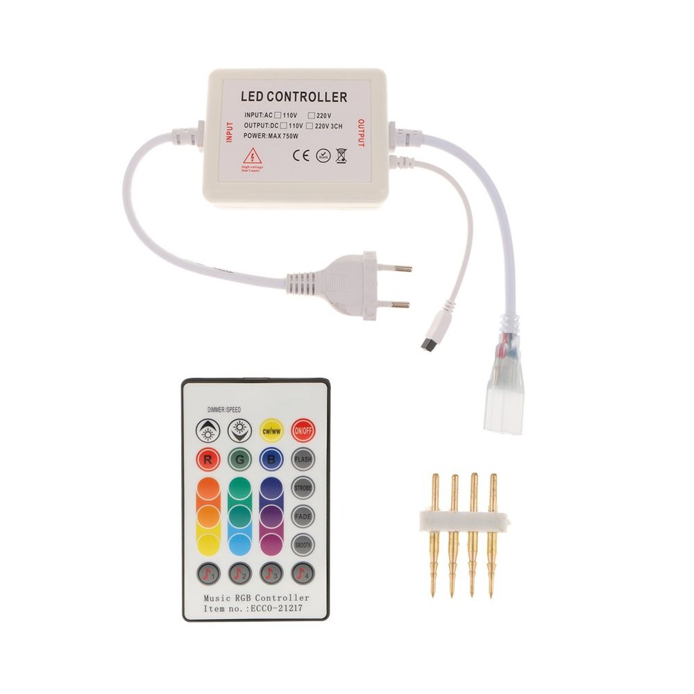 220V High Voltage LED Light Strip Light Controller RGB LED RF Remote Control with Music Modes- EU Plug