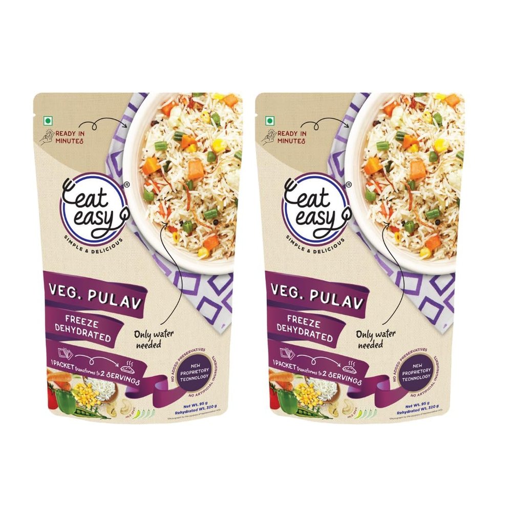 Eat Easy Ready To Eat Veg Pulav, 95gm of 1 Pack, Instant Food, Indian Meal, Travel Food, No Preservatives, No Added Artificial Colours & Flavours, Just Add Water and Cook (Pack of 2)