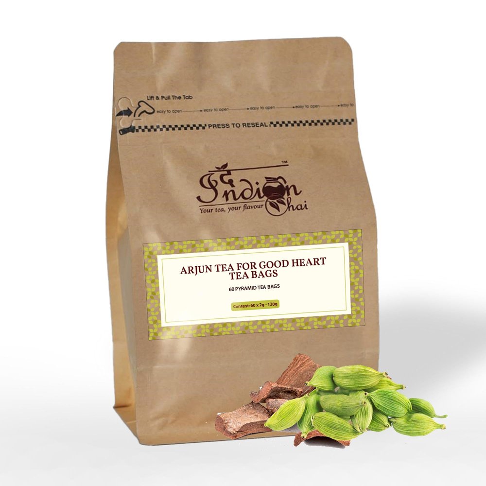 The Indian Chai - Arjun Tea 60 Pyramid Tea Bags | 60 Cups Bulk Pack | with Arjuna Bark, Ashwagandha, Bhahmi, Shankhpushpi for Cholesterol, Blood Pressure