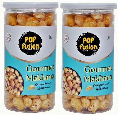 Popfusion Roasted & Flavoured Gourmet Makhana/Fox Nuts - Creamy Cheese & Herbs, Gluten Free Snacks with Airtight Glass Jar - (70G Each) (Pack of 2)