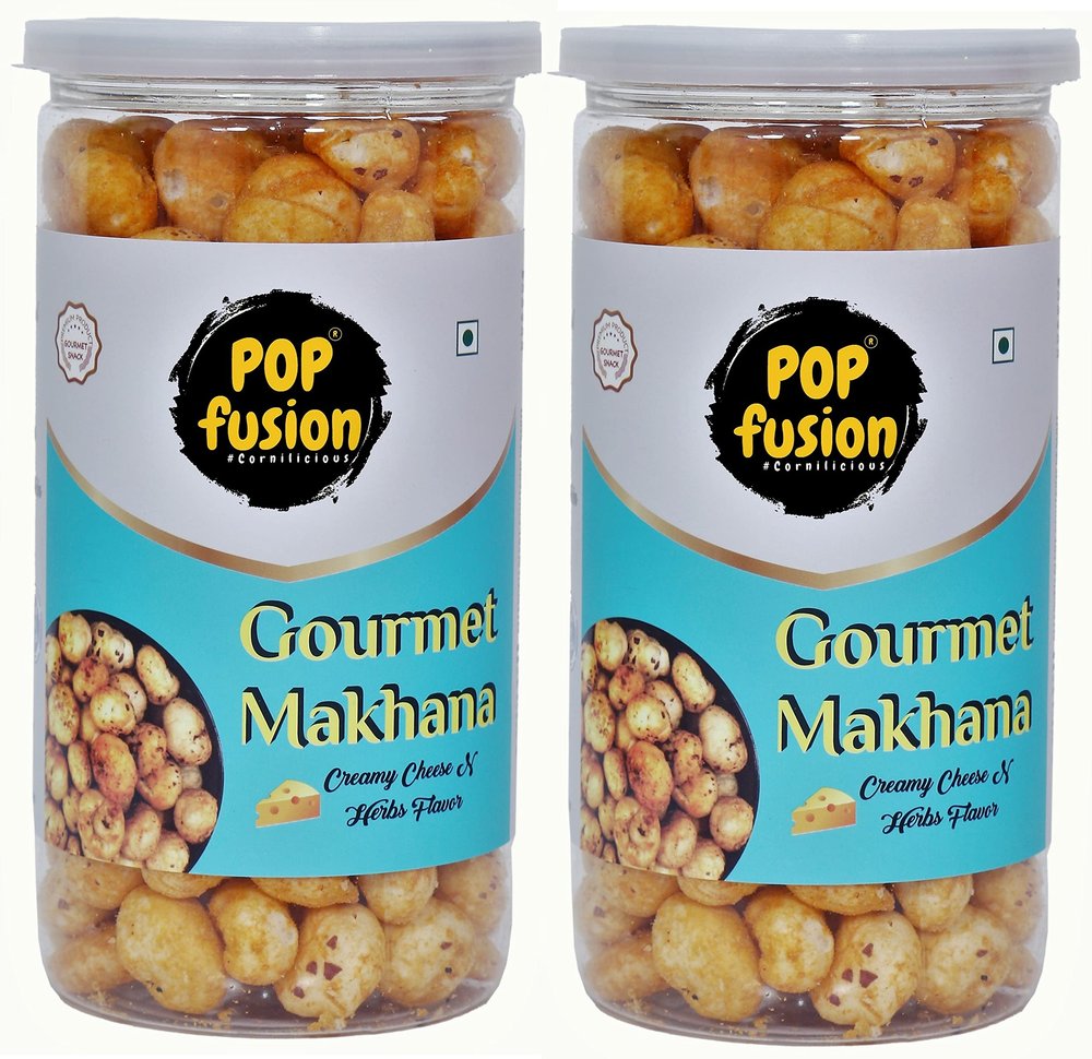 Popfusion Roasted & Flavoured Gourmet Makhana/Fox Nuts - Creamy Cheese & Herbs, Gluten Free Snacks with Airtight Glass Jar - (70G Each) (Pack of 2)