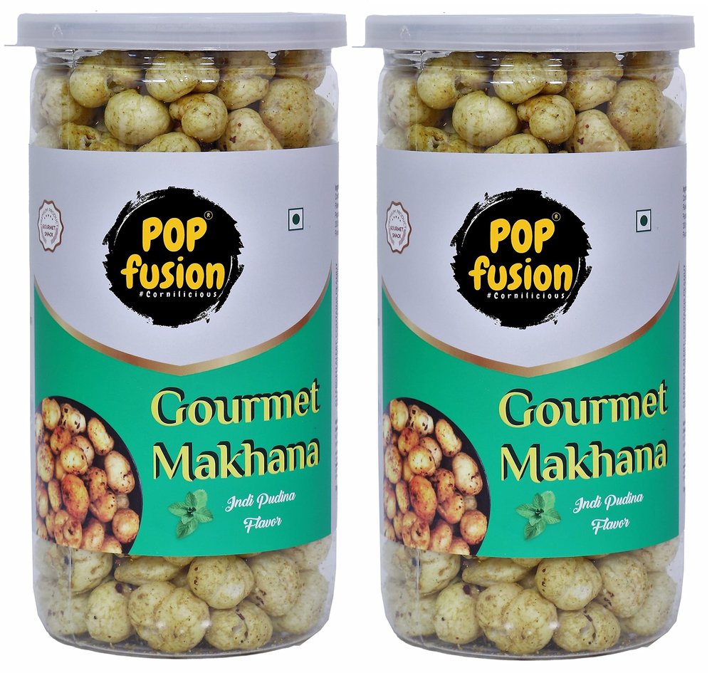 Popfusion Gourmet Roasted & Flavoured Makhana- Indi Pudina, Gluten free and Low Fat Snacks with Airtight Glass Jar (70 g Each) (Pack of 2)