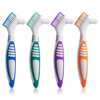 Octuitey Denture Brush Denture Toothbrushes 4PCSDenture Cleaning Care Cleaning Brush Double Sided ToothbrushMulti-Layered Bristles and Rubber Anti-Slip Handle (Purple, Green, Blue, Orange)