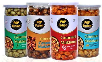 Pop Fusion Roasted & Flavoured Makhana- Pudina,Peri Peri, Cheese & Herb and Caramel Makhana140g (Pack of 4, 350 g)
