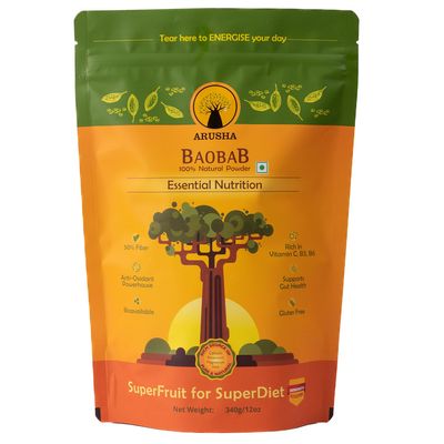 Arusha Baobab Powder 340gm | 34 servings | Superfood | Only 1 Ingredient | 100% Natural | No Preservatives | Best for the Gut Health | 50% Dietary Fiber | More Antioxidants than Blueberries | Rich in Vitamin C, B | Source of Potassium, Magnesium, Iro
