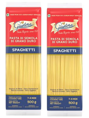 GUSTORA Spaghetti Pasta, 500 Grams (Pack of 2) I Pasta Combo Made of Durum Wheat Semolina I Rich in Protein & Fibre I Vegetarian I Zero Cholesterol I No Trans-Fat I Cooking Time 10 Min - 500G