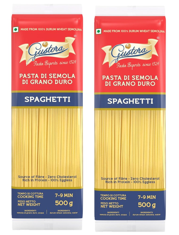 GUSTORA Spaghetti Pasta, 500 Grams (Pack of 2) I Pasta Combo Made of Durum Wheat Semolina I Rich in Protein & Fibre I Vegetarian I Zero Cholesterol I No Trans-Fat I Cooking Time 10 Min - 500G
