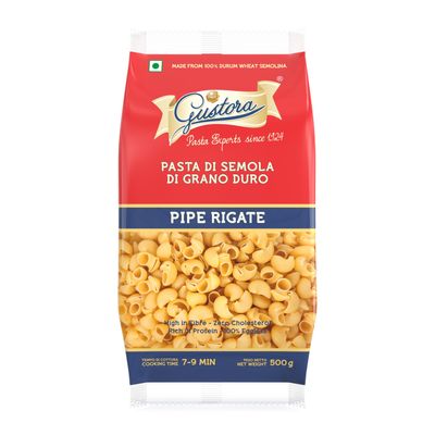 GUSTORA Pipe Rigate Pasta, 500g I Big Macaroni Shell Pasta Made of Durum Wheat Semolina I Rich in Protein & Fibre I Vegetarian I Zero Cholesterol I No Trans-Fat I Cooking Time 10 Min (500 Gram)