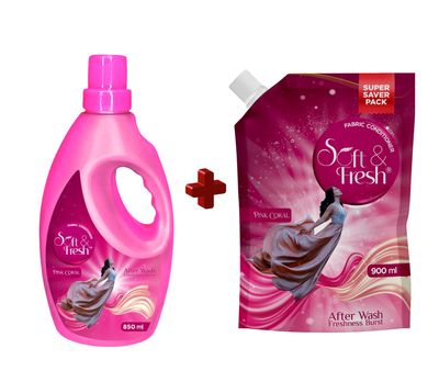 Soft & Fresh Pink Coral Fabric Conditioner Combo [Bottle + Pouch] (850ml+900ml) increase freshness and softness