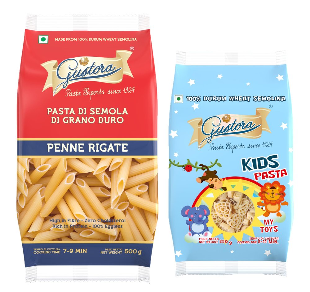 GUSTORA Combo Pack of Penne Rigate Pasta & My Toys Kids Pasta, 750G I Italian Pasta Combo I Made of Durum Wheat Semolina I Rich in Protein & Fibre I Zero Cholesterol I Cooking Time 10 Min