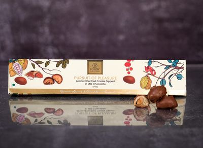 ZOROY Pursuit Of Pleasure Caramelised almond centred cookies dipped Coated in Milk chocolate | Gift Box for Celebrations Diwali Festive Birthday Corporate New Year - 90 Gms