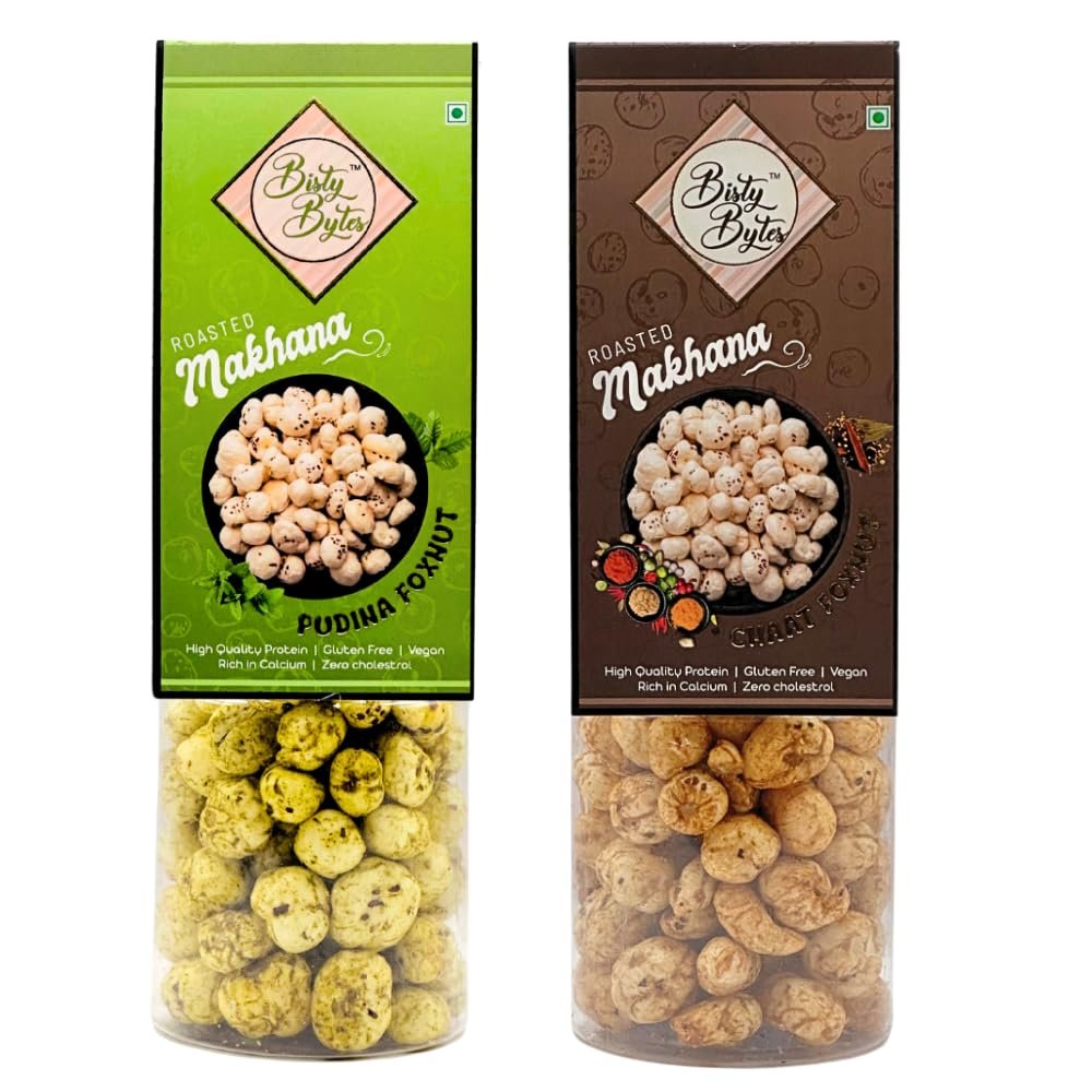Bisty Bytes Roasted Makhana Combo | Pudina + Chaat | Pack of 2 (80gm Each) | Roasted Not Fried